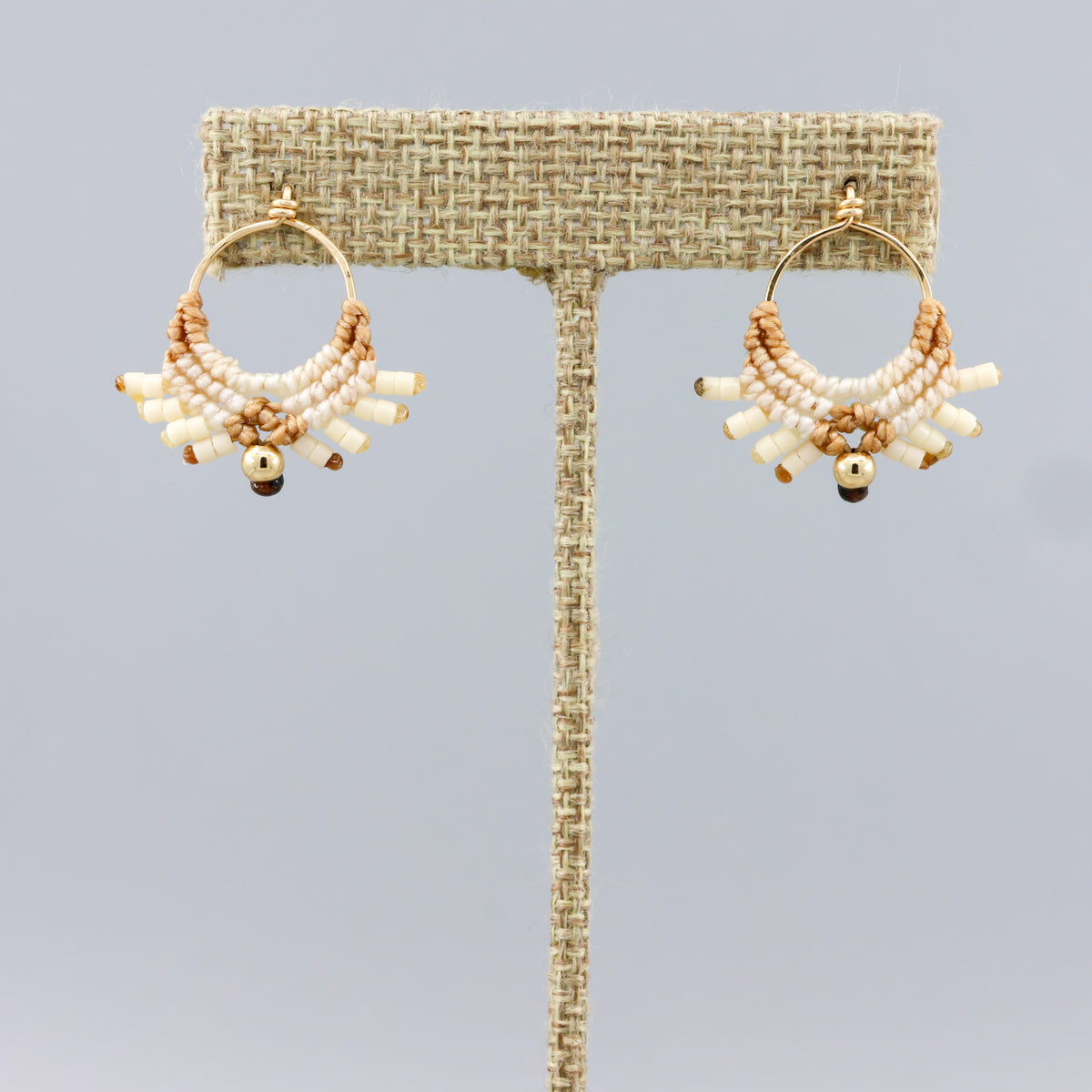 handmade gold fill macrame earrings in gold tones
