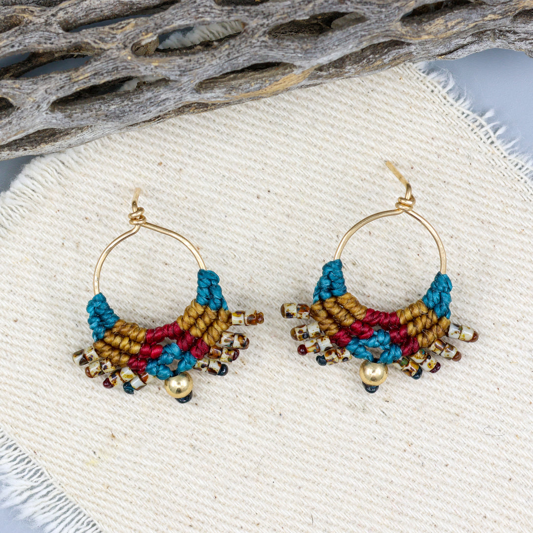 handmade  gold macrame drop earrings in autumn colors
