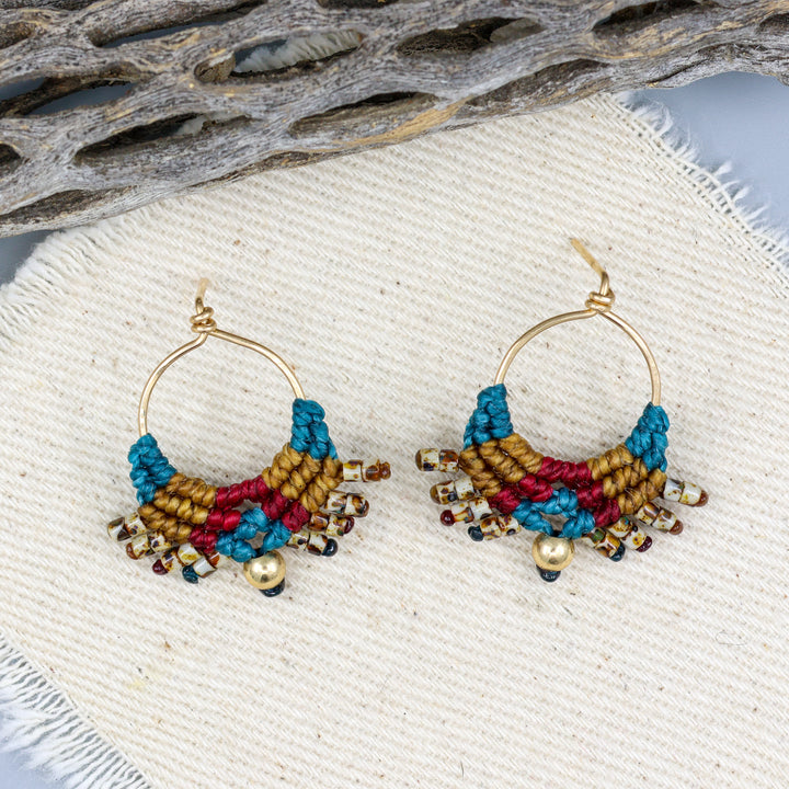 handmade  gold macrame drop earrings in autumn colors