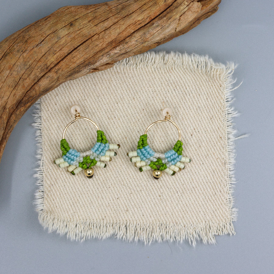 handmade gold-filled macrame earrings in blue, green, and natural