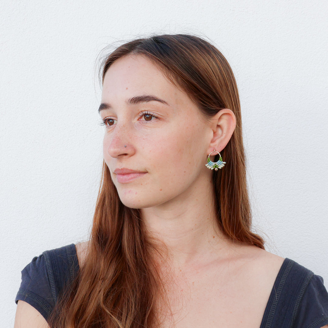handmade gold filled macrame earrings with light blue and green cords
