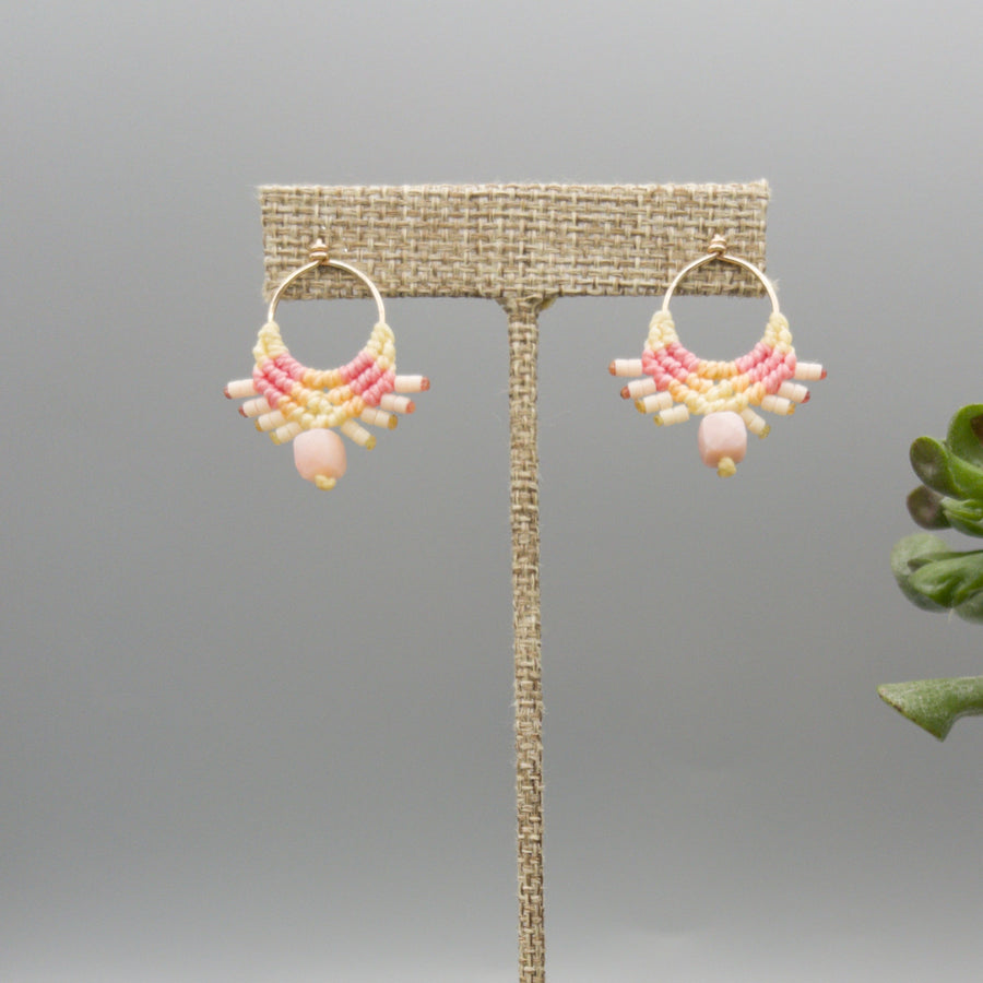 pink and yellow macrame earrings gold fill pink opal bead