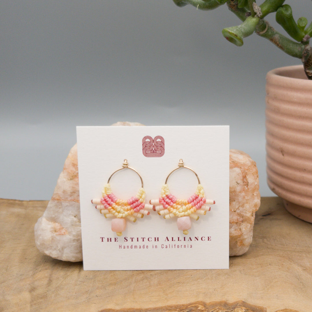 pink and yellow macrame earrings gold fill pink opal bead on a white card
