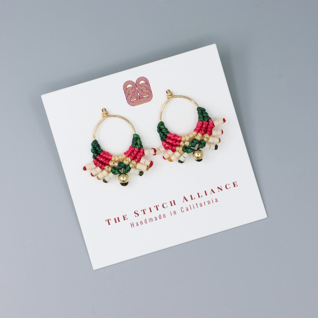 pink and green gold filled macrame earrings handmade on a white card