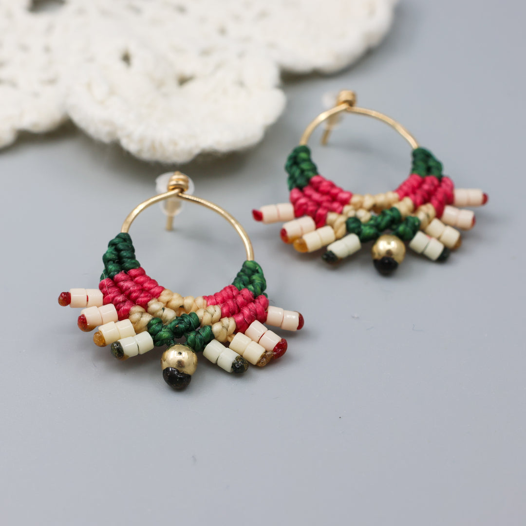 pink and green gold filled macrame earrings handmade detail view