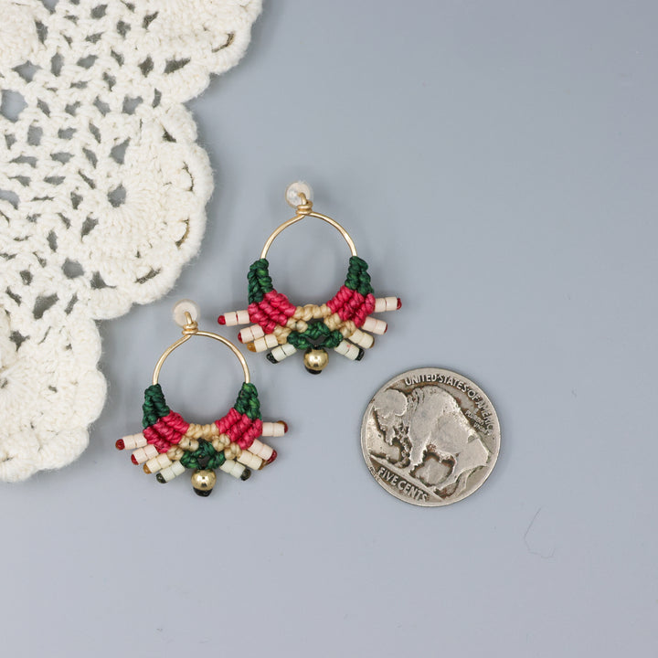 pink and green gold filled macrame earrings handmade with a nickel for size comparison