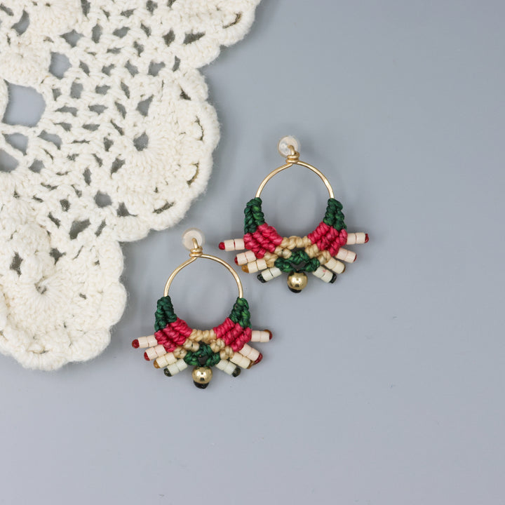 pink and green gold filled macrame earrings handmade