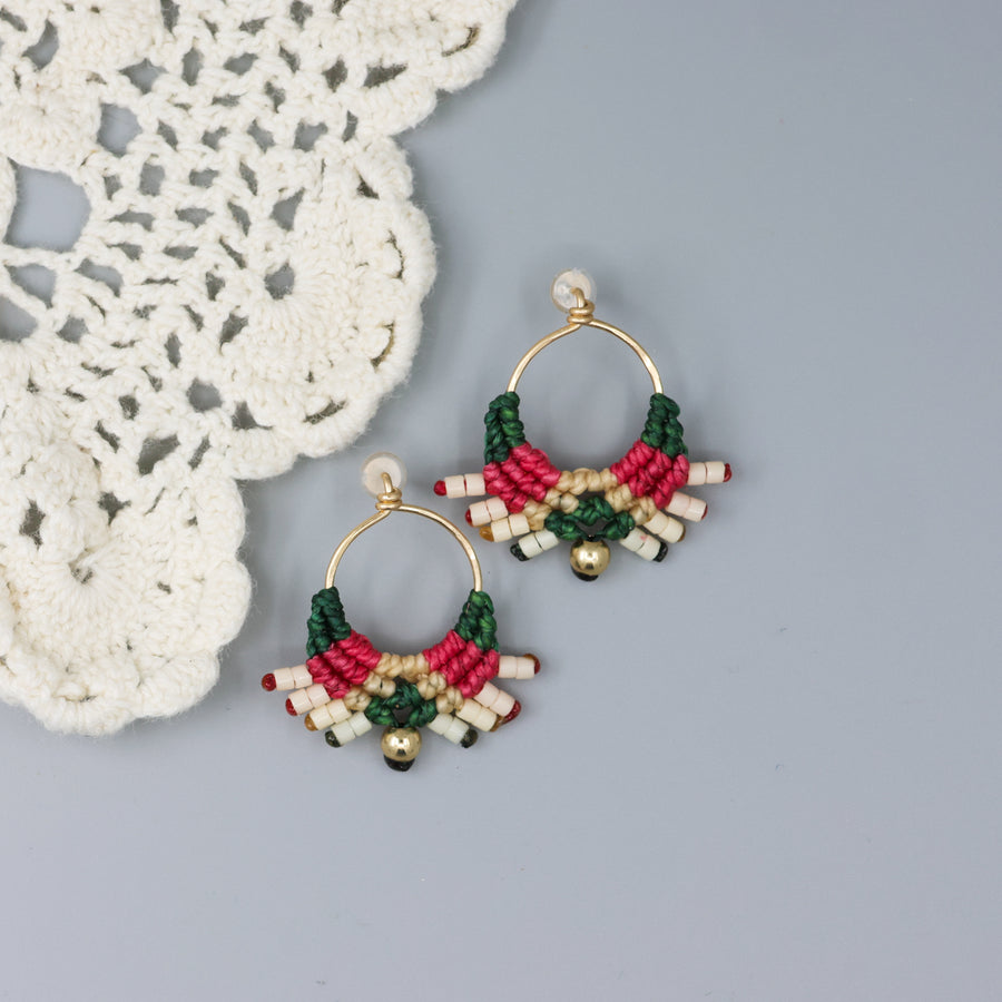 pink and green gold filled macrame earrings handmade