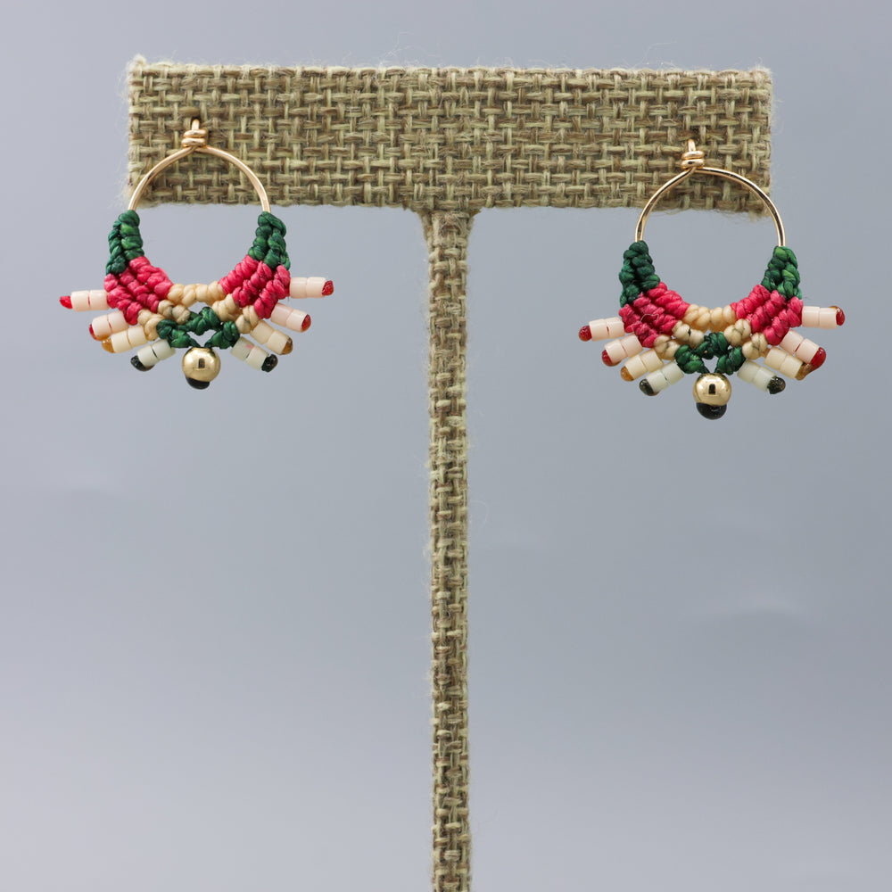 pink and green gold filled macrame earrings handmade on gray background