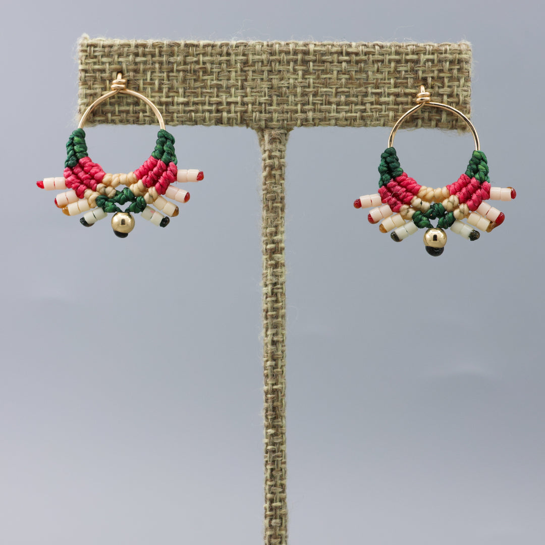 pink and green gold filled macrame earrings handmade on gray background