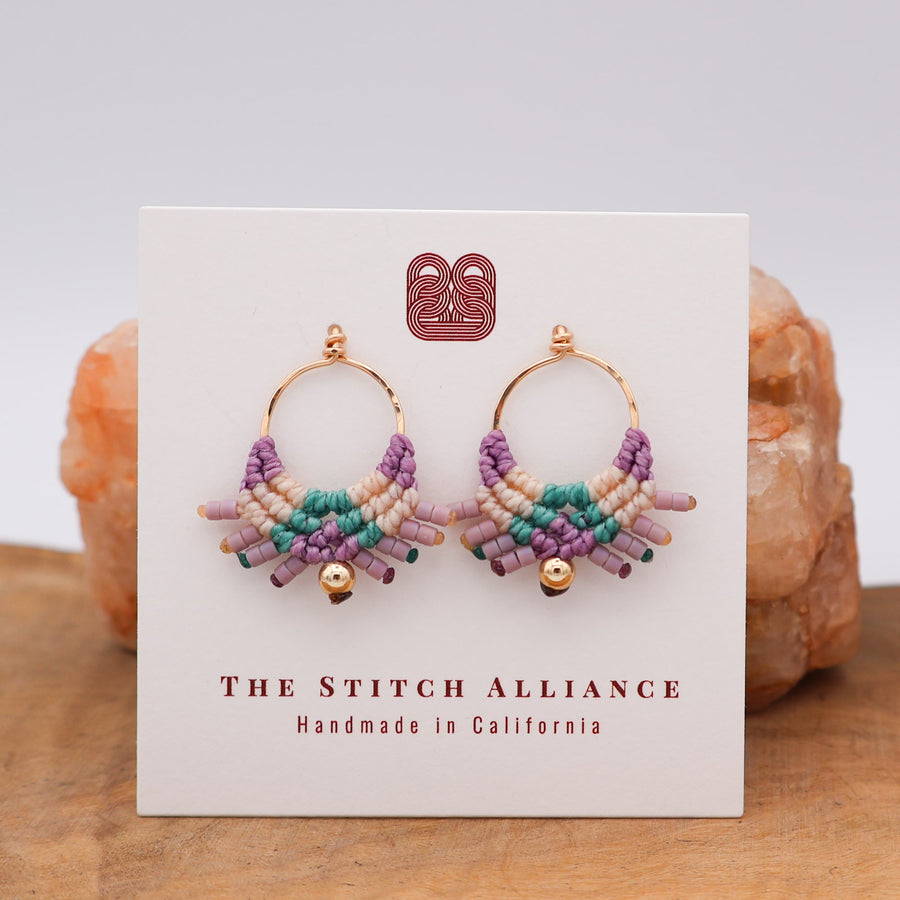 macrame drop earrings in purple and green gold filled wire
