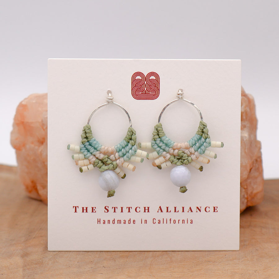 macrame drop earrings sterling silver with blue lace agate bead