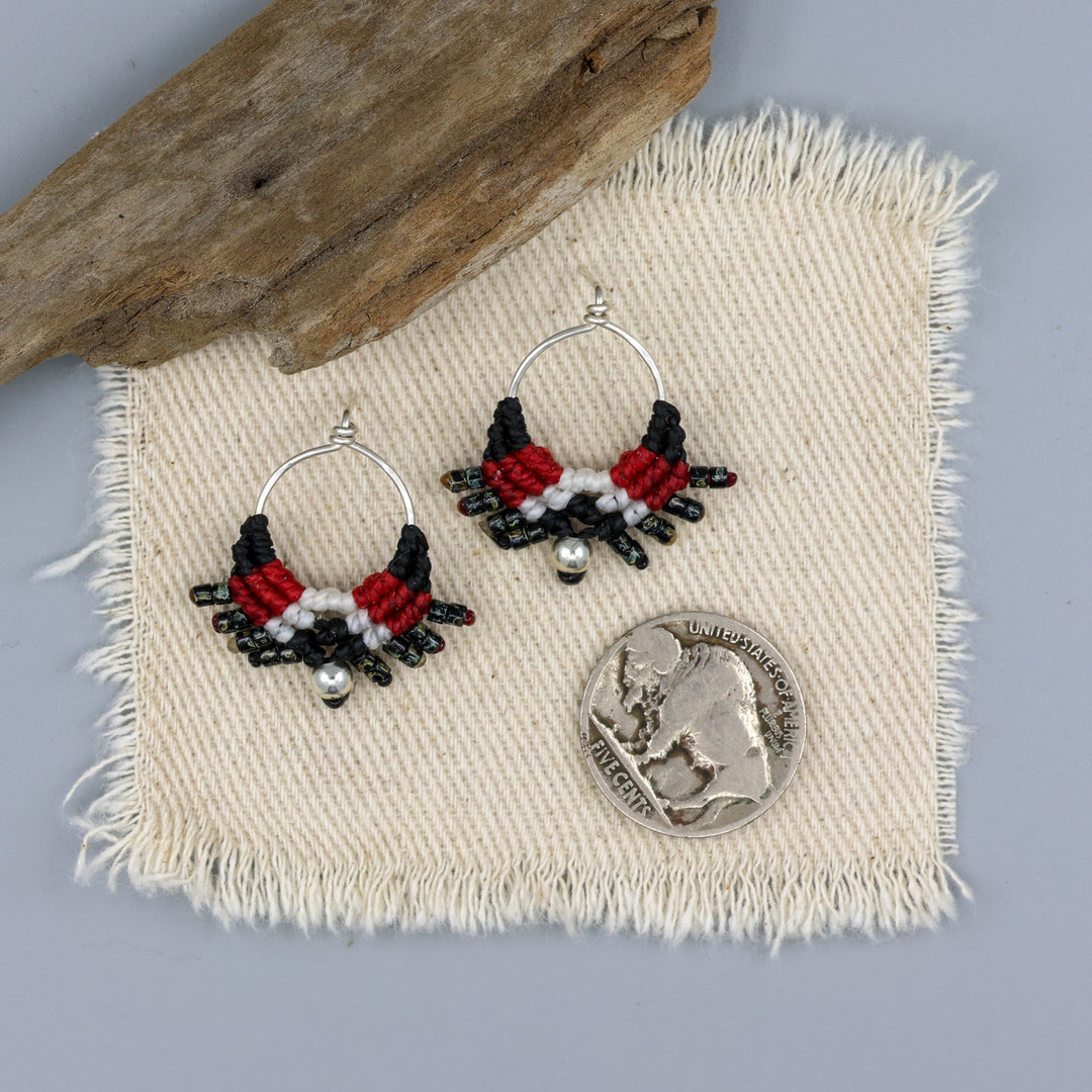 handmade, boho western macrame earrings - sterling silver with a nickel for size comparison