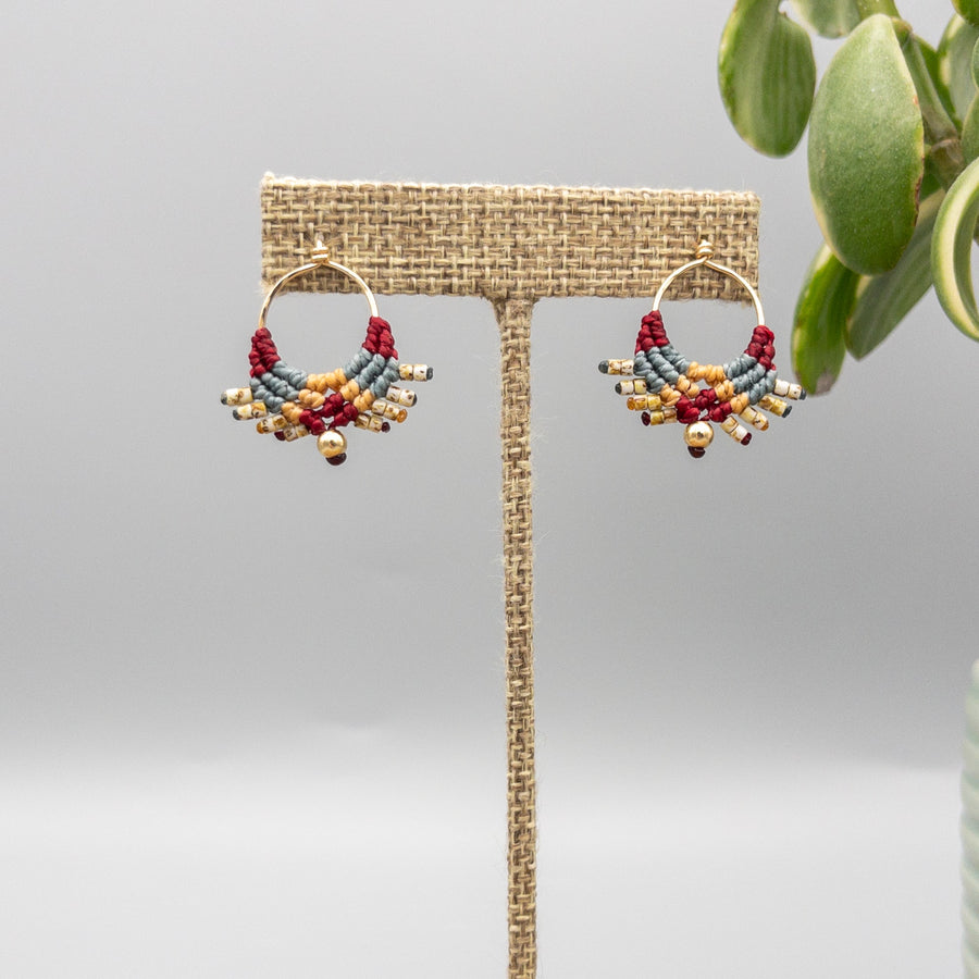 deep red, dusty blue, and tan macrame earrings in 14k gold fill