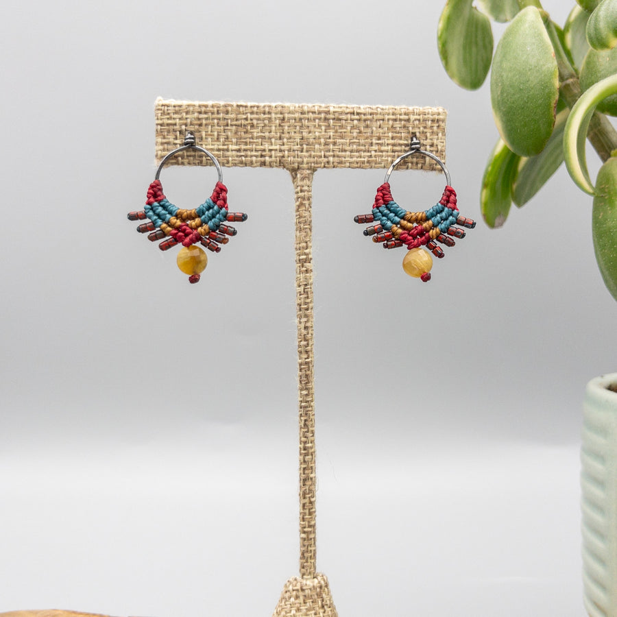 oxidized sterling silver macrame earrings in deep red, teal, and gold with golden tiger's eye bead