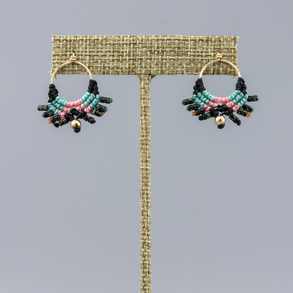 handmade macrame earrings with gold fill wire on a linen hanger