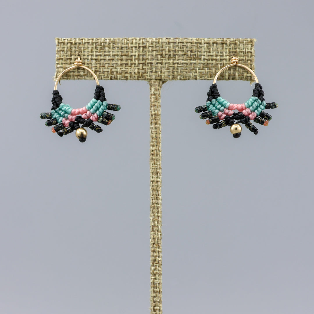 handmade macrame earrings with gold fill wire on a linen hanger