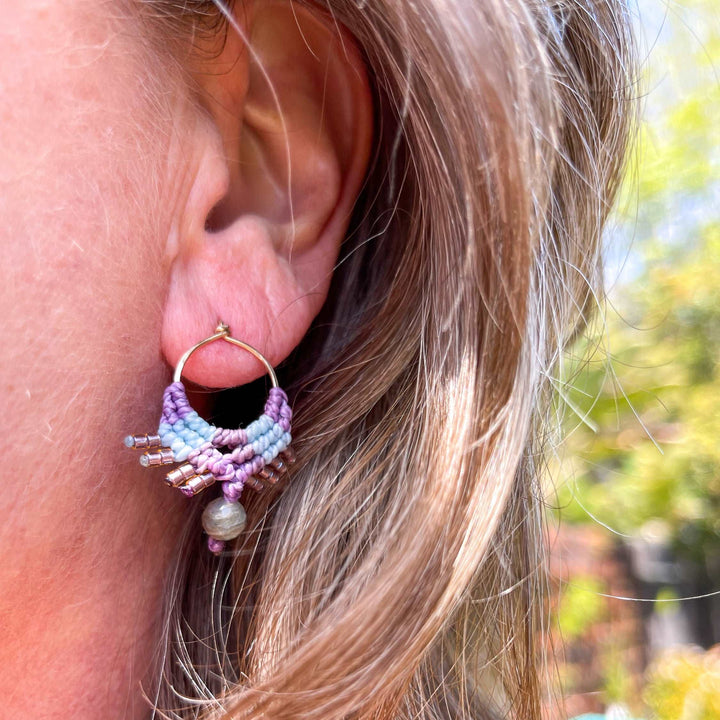 gold filled circle macrame earrings with labradorite bead