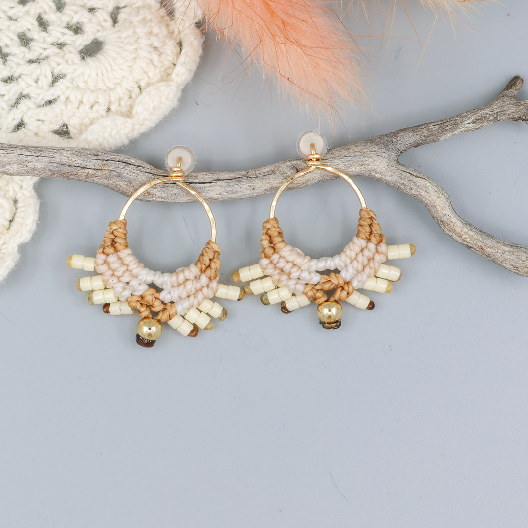 handmade macrame earrings with gold fill wire in tan colors