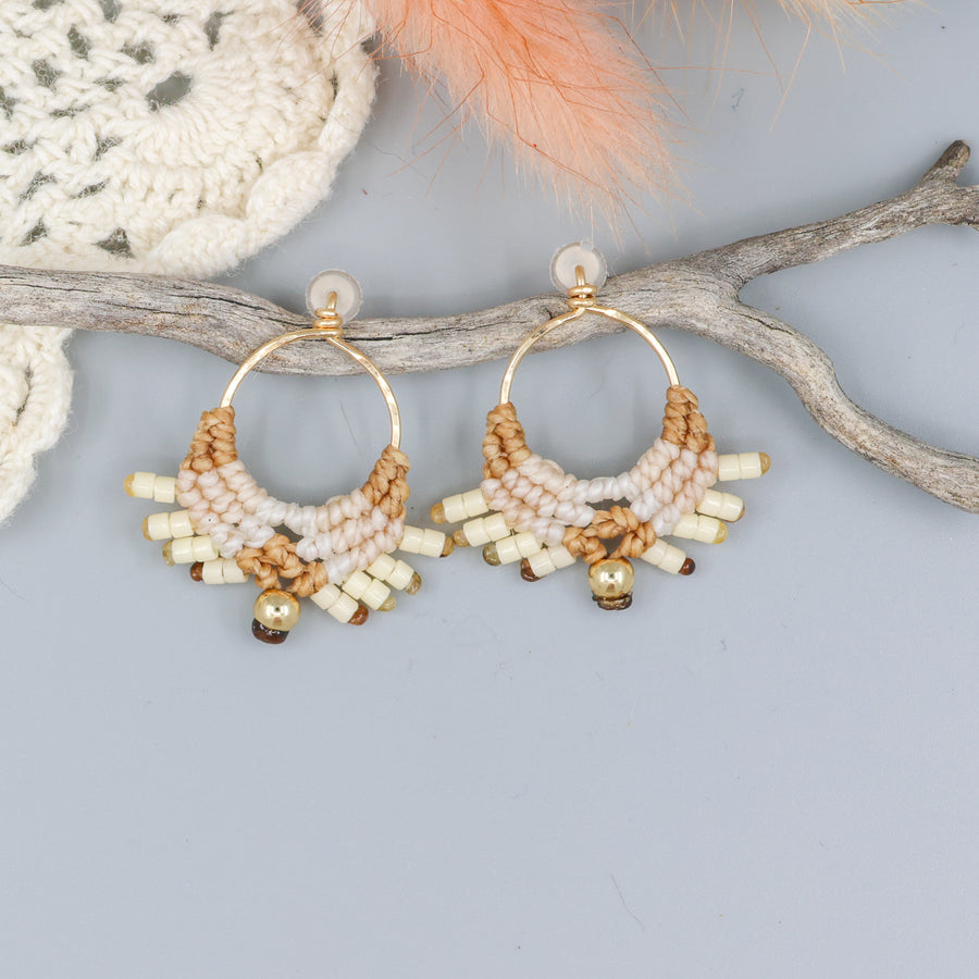 handmade macrame earrings with gold fill wire in tan colors