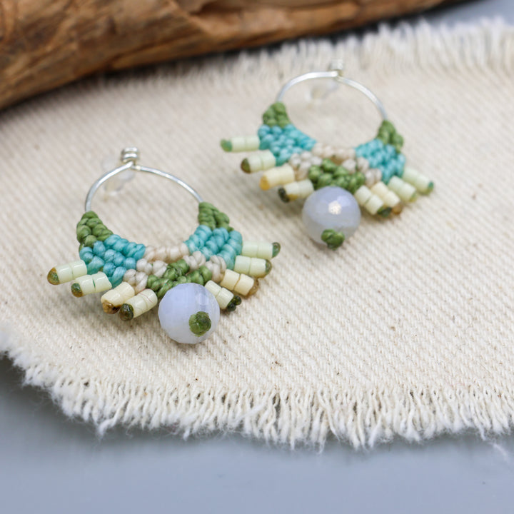 handmade macrame sterling silver drop earrings with blue lace agate beads