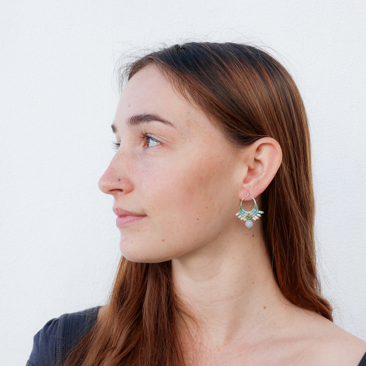 handmade sterling silver macrame earrings with blue lace agate beads