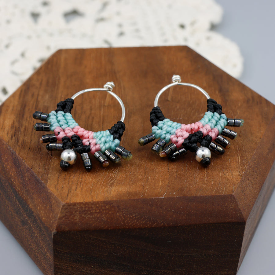 sterling silver macrame stud drop earrings with black, blue, and pink