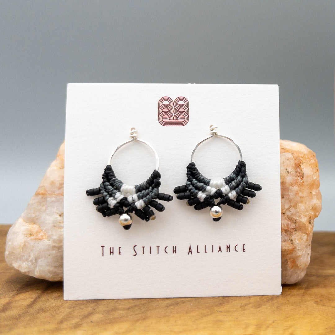 sterling silver black and gray macrame earrings