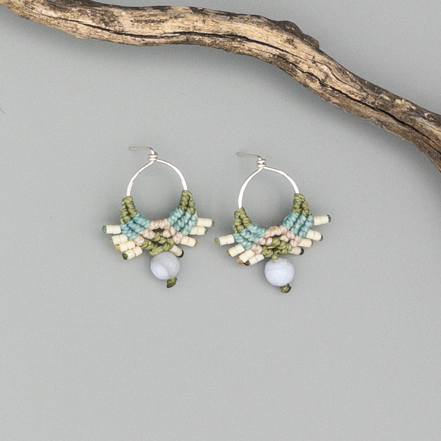 green and blue macrame earrings with blue lace agate beads in sterling silver