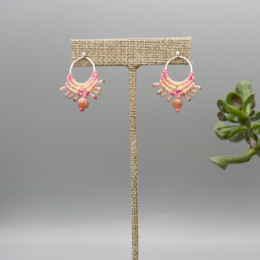 pink & yellow macrame earrings sterling silver with a sunstone bead
