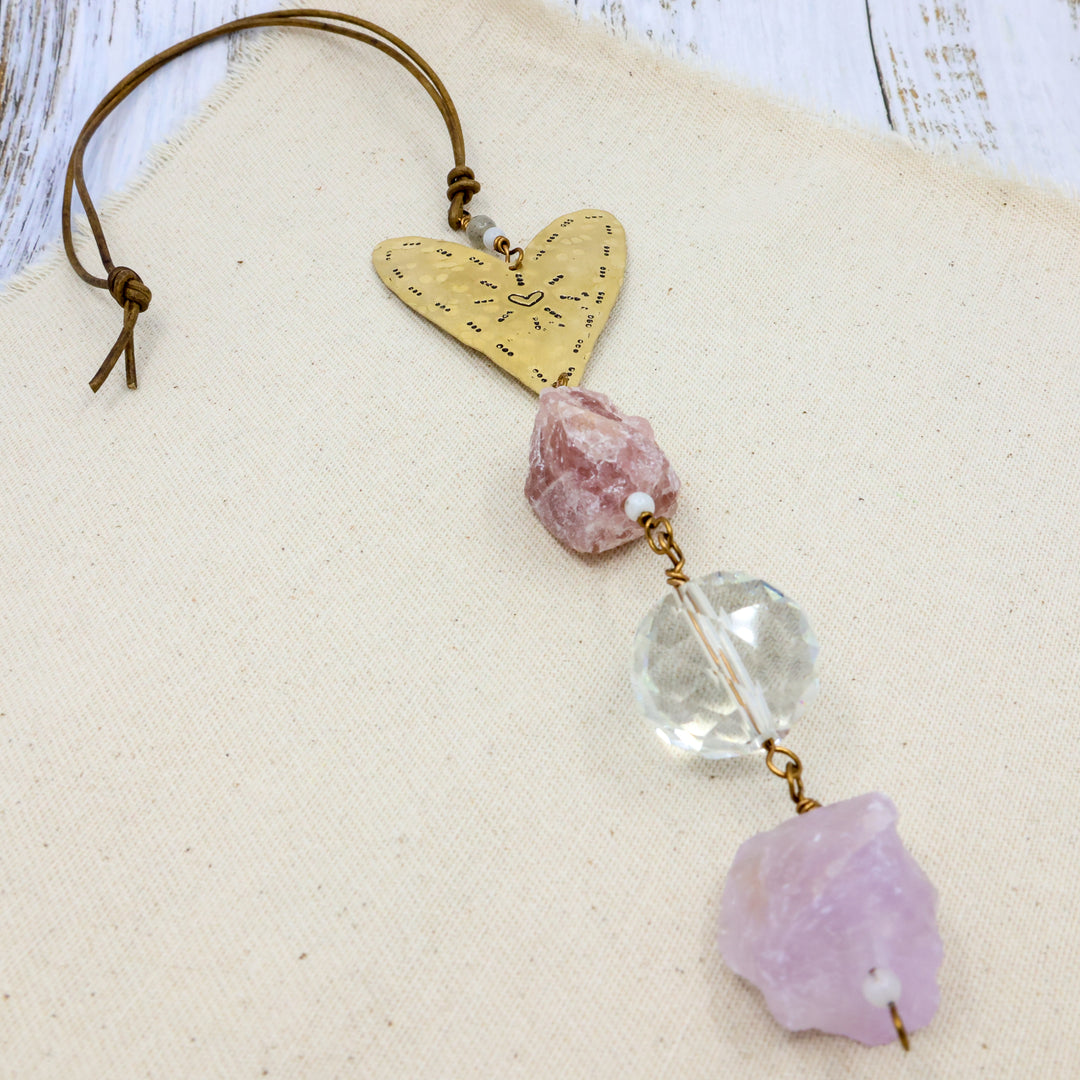 handmade brass heart amethyst and strawberry quartz suncatcher