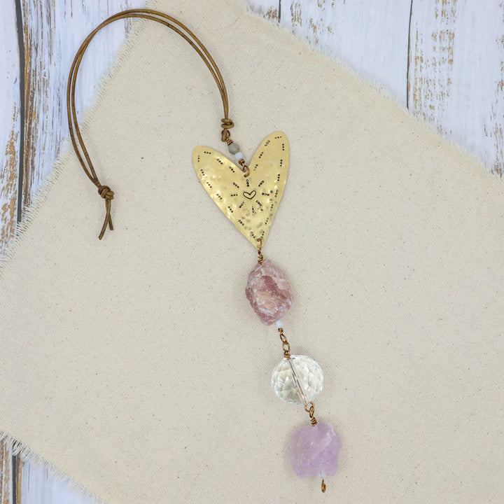 handmade brass heart amethyst and strawberry quartz suncatcher