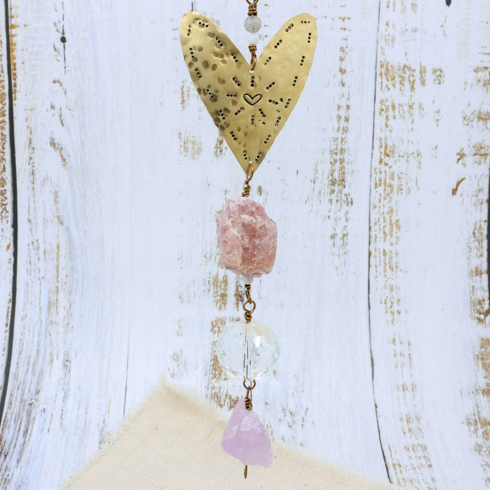 handmade brass heart amethyst and strawberry quartz suncatcher