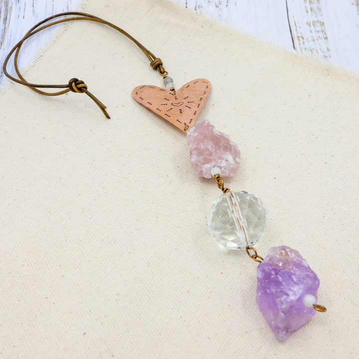 copper heart, strawberry quartz and amethyst suncatcher