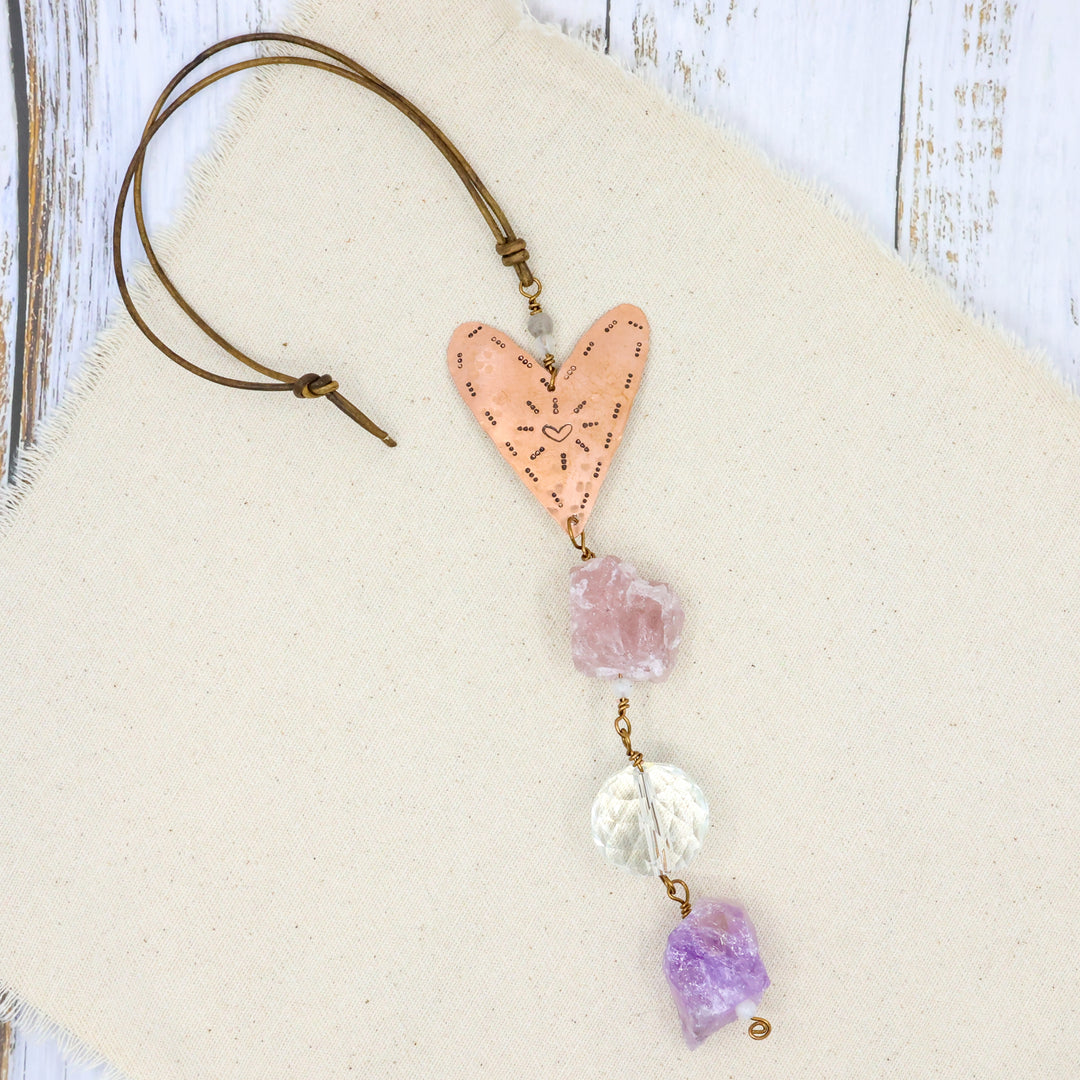 copper heart, strawberry quartz and amethyst suncatcher