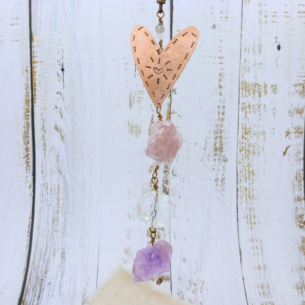 copper heart, strawberry quartz and amethyst suncatcher