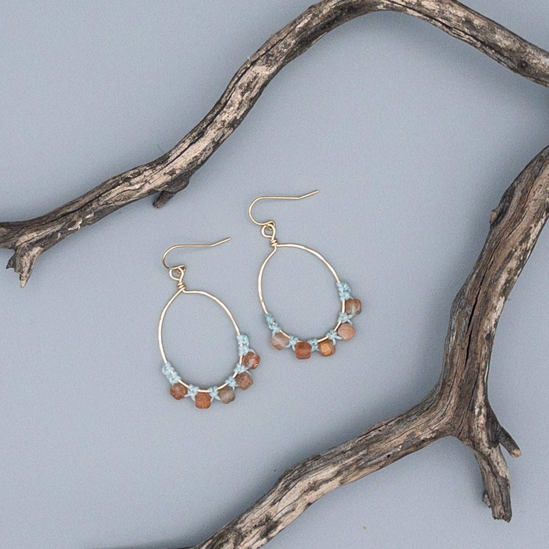 sunstone macrame hoop earrings in 14k gold fill