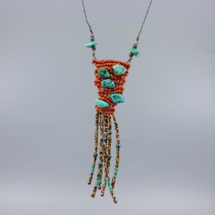 handmade macrame necklace with turquoise and seed beads