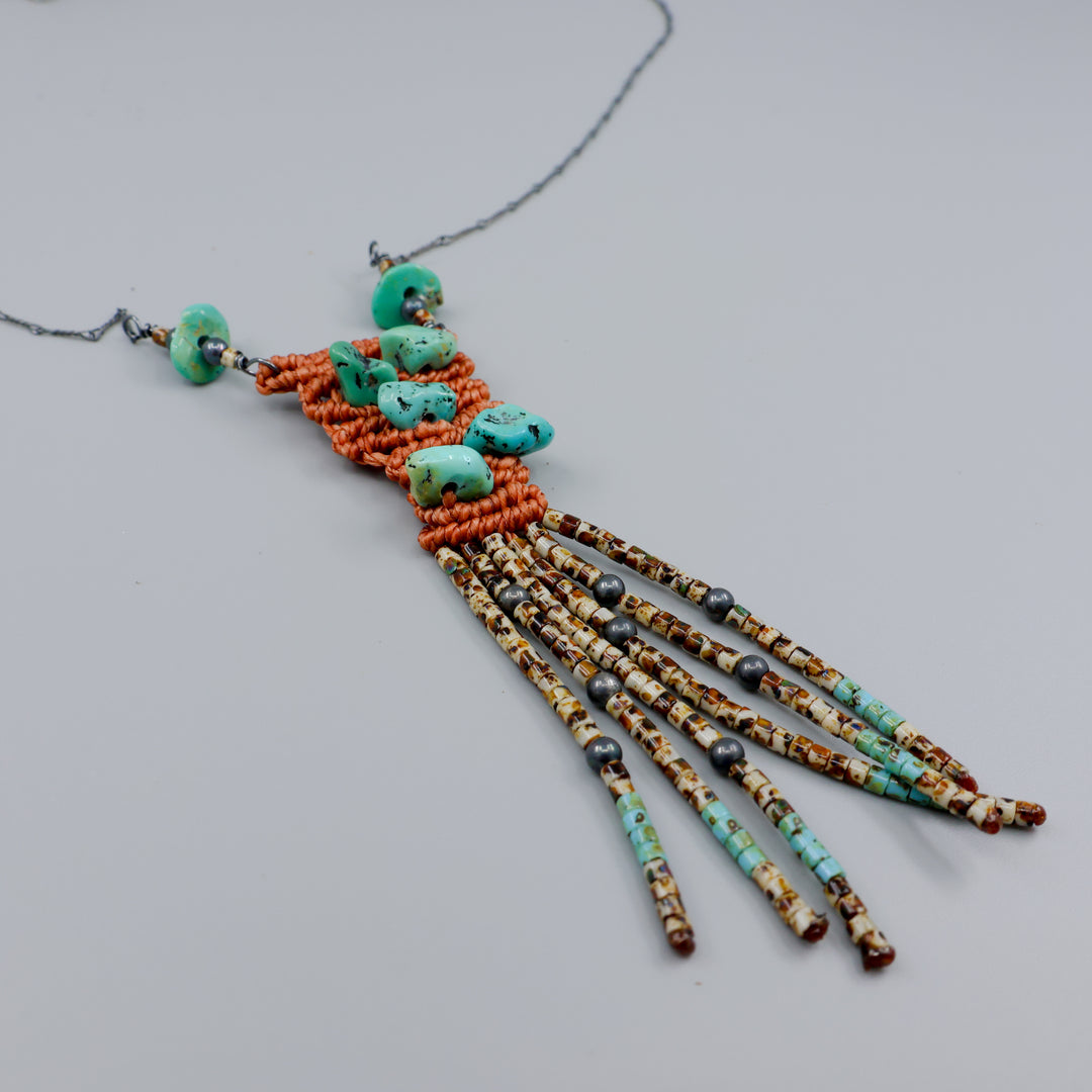 handmade macrame necklace with turquoise and seed beads