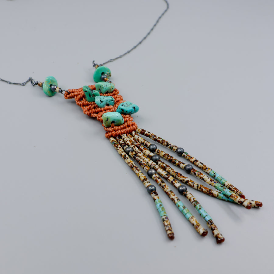 handmade macrame necklace with turquoise and seed beads