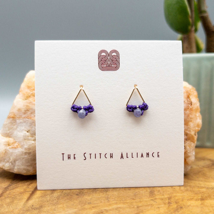 macrame tanzanite gold filled triangle post earrings on a white background