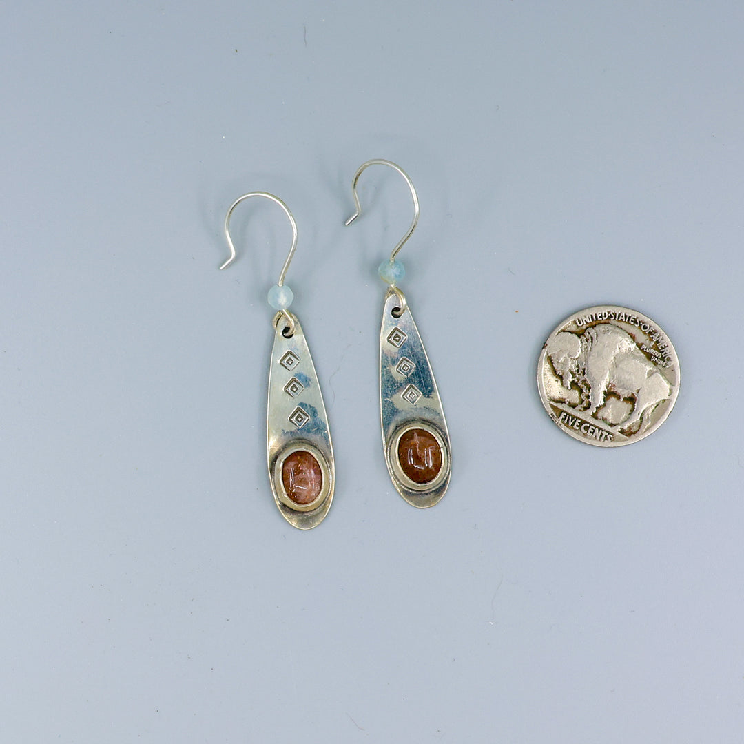 handmade silver sunstone one of a kind earrings with coin for size comparison