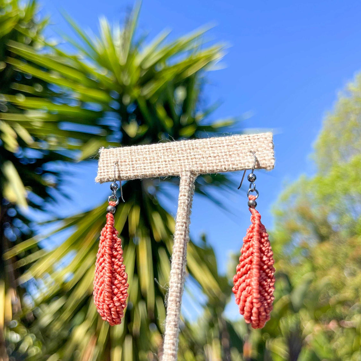 macrame feather earrings in terracotta with sterling silver ear wires