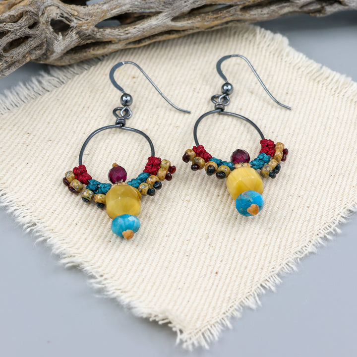 Thunderbird Hoop Earrings / Tiger's Eye, Apatite, Garnet / Oxidized Sterling