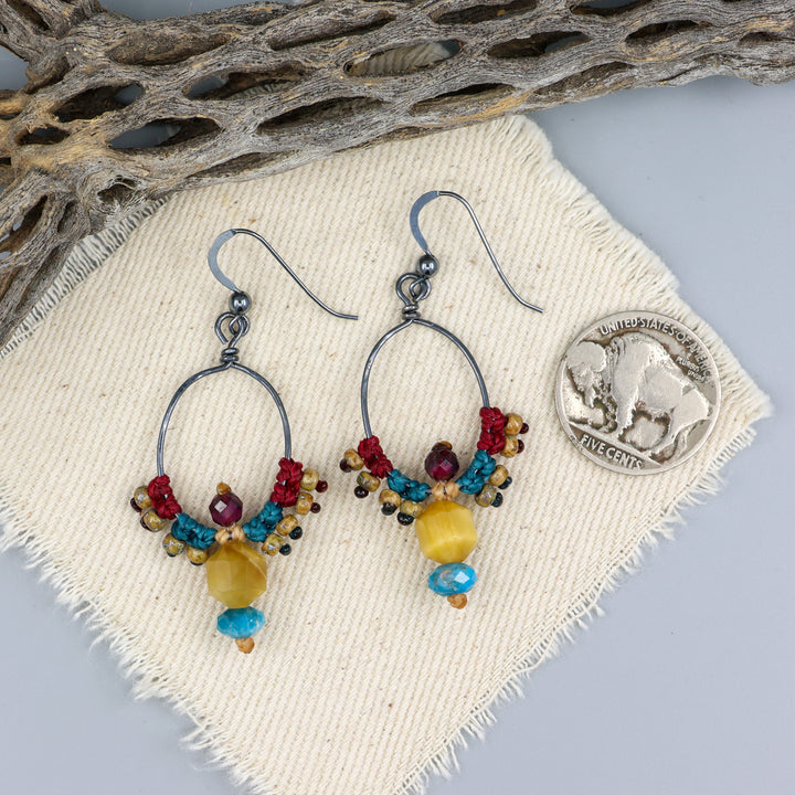 Thunderbird Hoop Earrings / Tiger's Eye, Apatite, Garnet / Oxidized Sterling