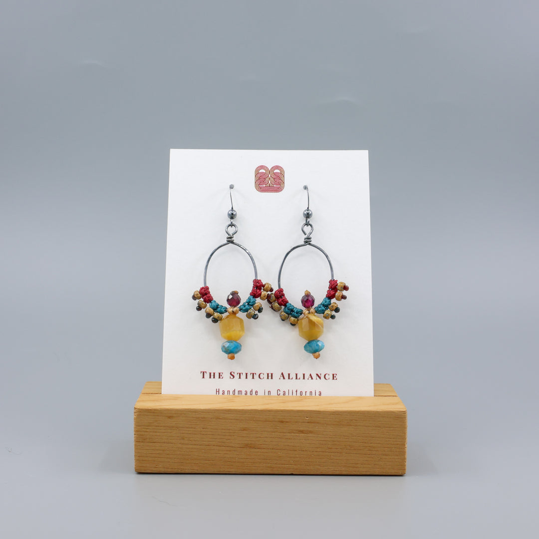 Thunderbird Hoop Earrings / Tiger's Eye, Apatite, Garnet / Oxidized Sterling