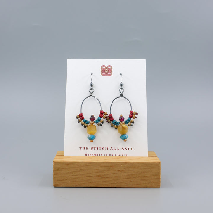Thunderbird Hoop Earrings / Tiger's Eye, Apatite, Garnet / Oxidized Sterling