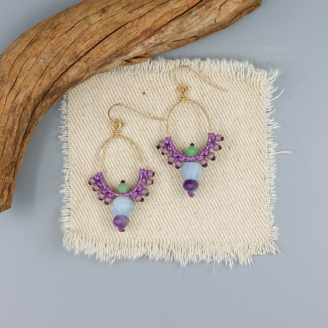 handmade, gold filled macrame hoops with aquamarine and amethyst beads