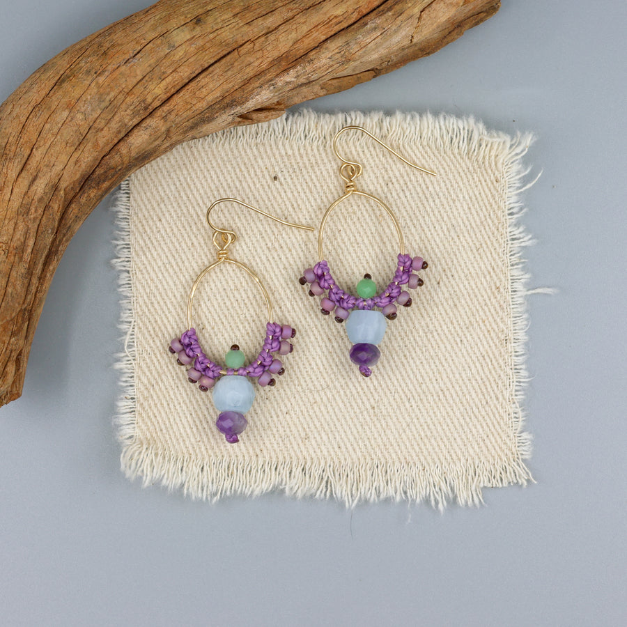 handmade, gold filled macrame hoops with aquamarine and amethyst beads