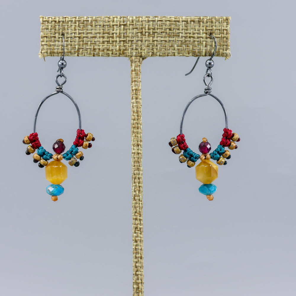 gemstone and gold fill mackrame hoop earrings handmade